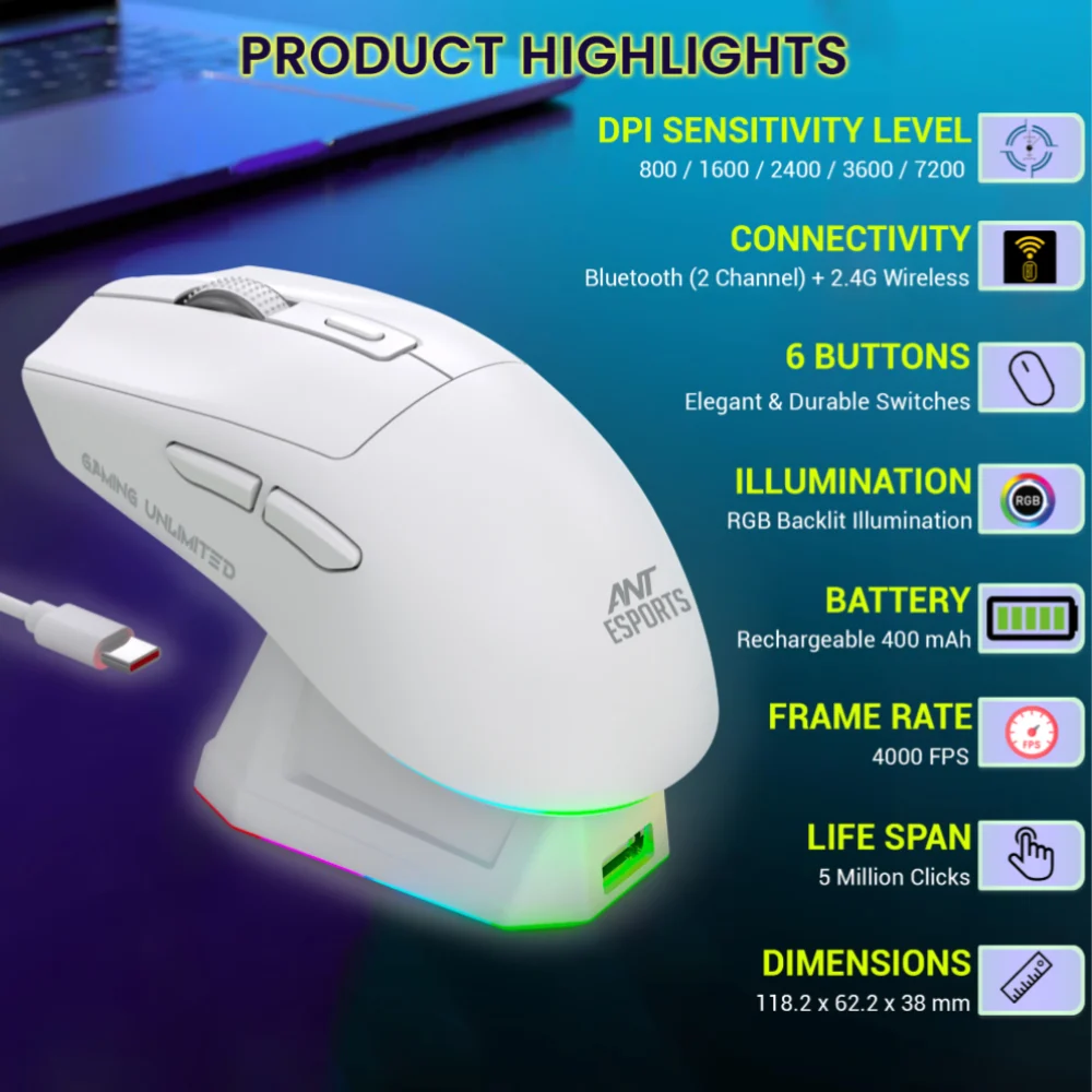 Ant Esports RGB Rechargeable Wireless Gaming Mouse with Charging Dock (GM810 PRO) view 4